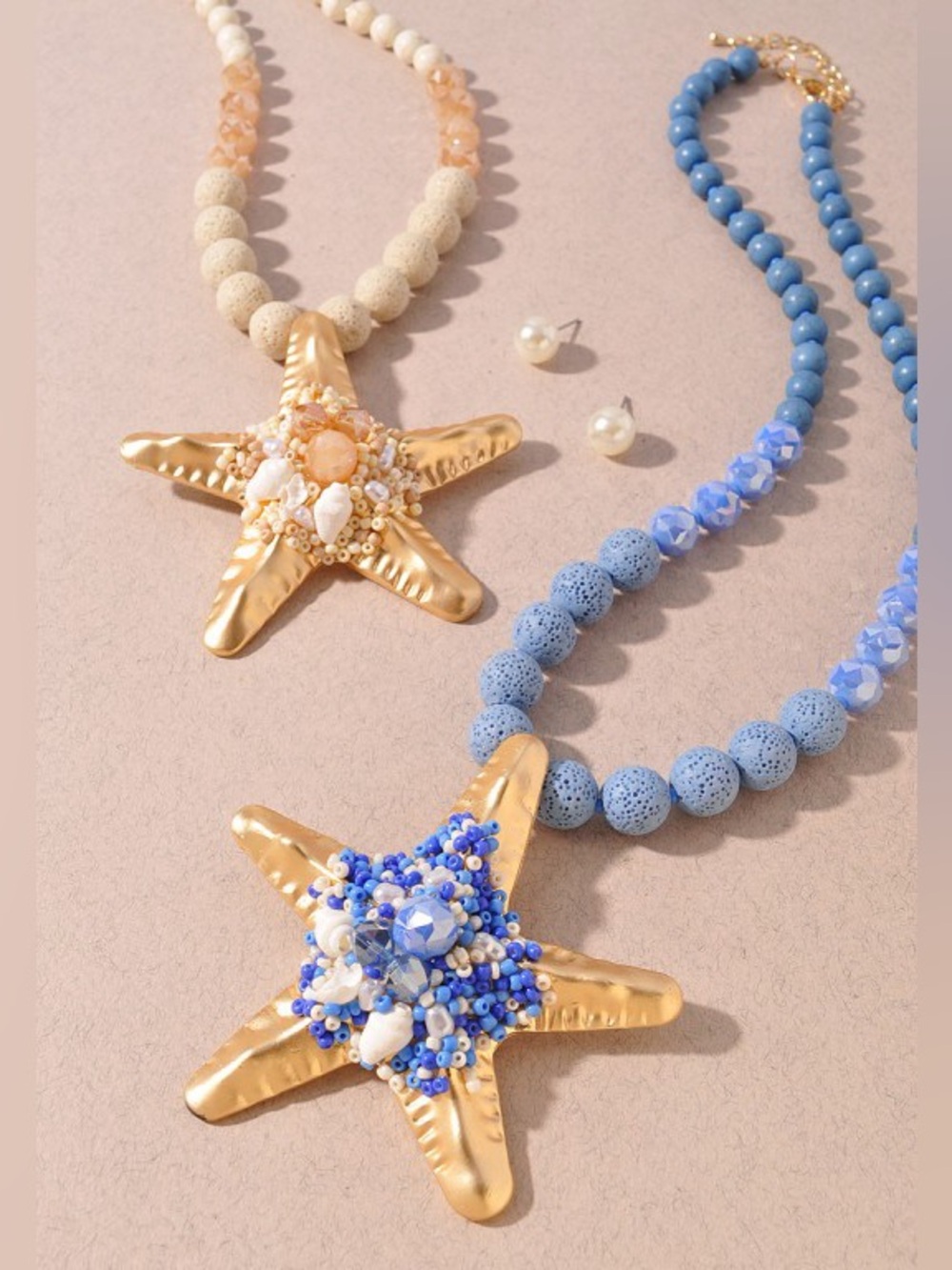 Blue sea nautical starfish stone gold statement rhinestone beaded necklace set